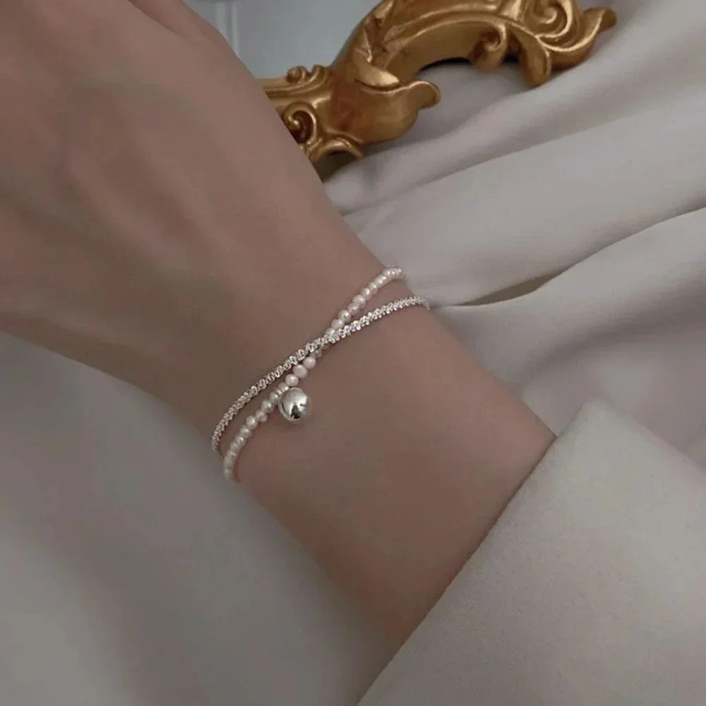 925 Sterling Silver Bead & Pearl Layer Bracelet Shiny Sequin Bracelet - Picture 3 of 7